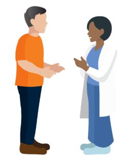 Illustration of a female doctor and a potential male participant talk, BeconneCTD-ILD Study, interstitial lung disease