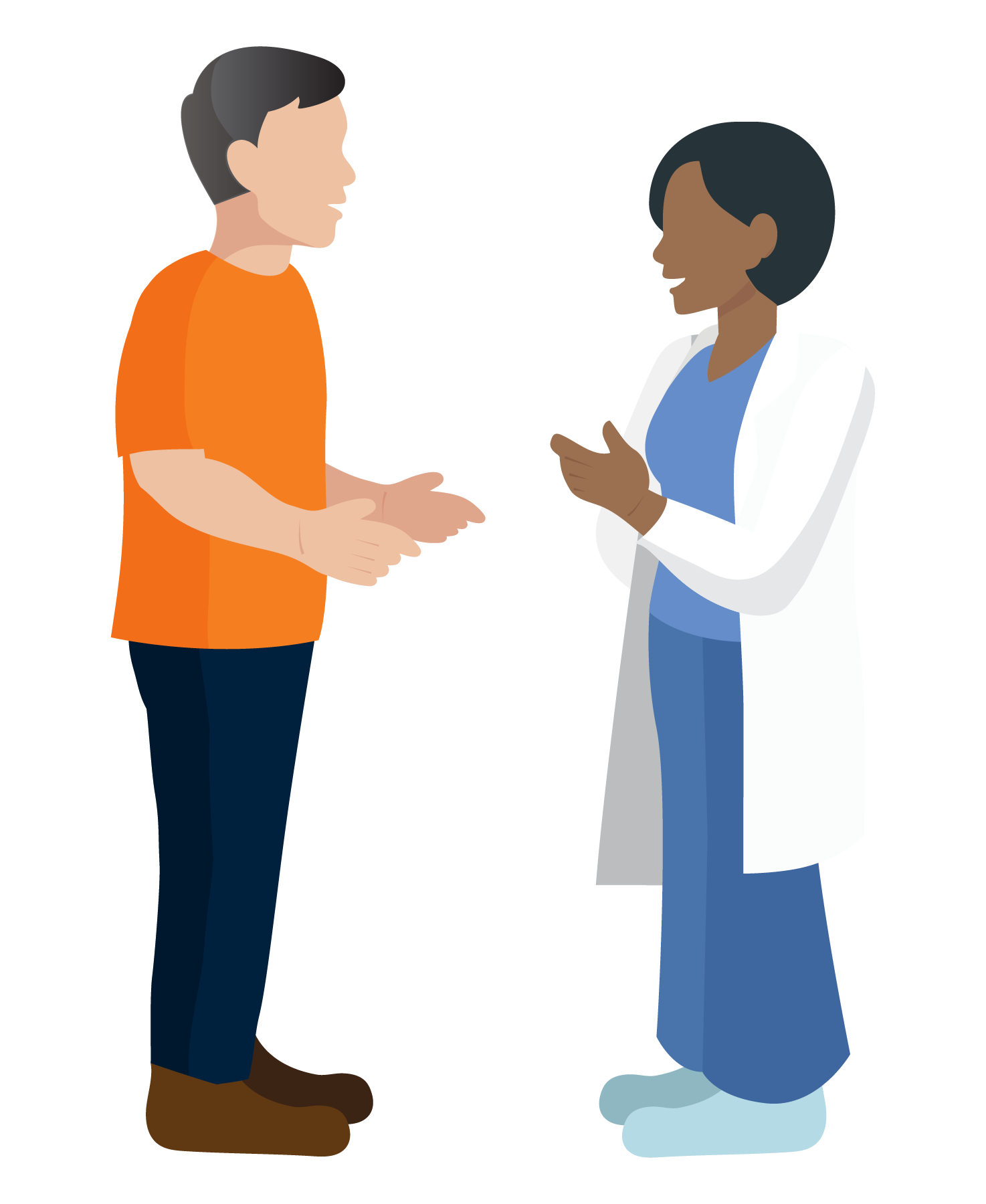 Illustration of a female doctor and a potential male participant talk, BeconneCTD-ILD Study, interstitial lung disease